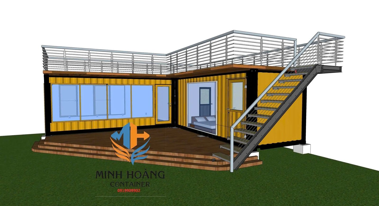 Thiết Kế Nhà Container Chữ L 2x20 Feet Dạng Kính: Tối Ưu Diện Tích, Tích Hợp Ban Công Rộng